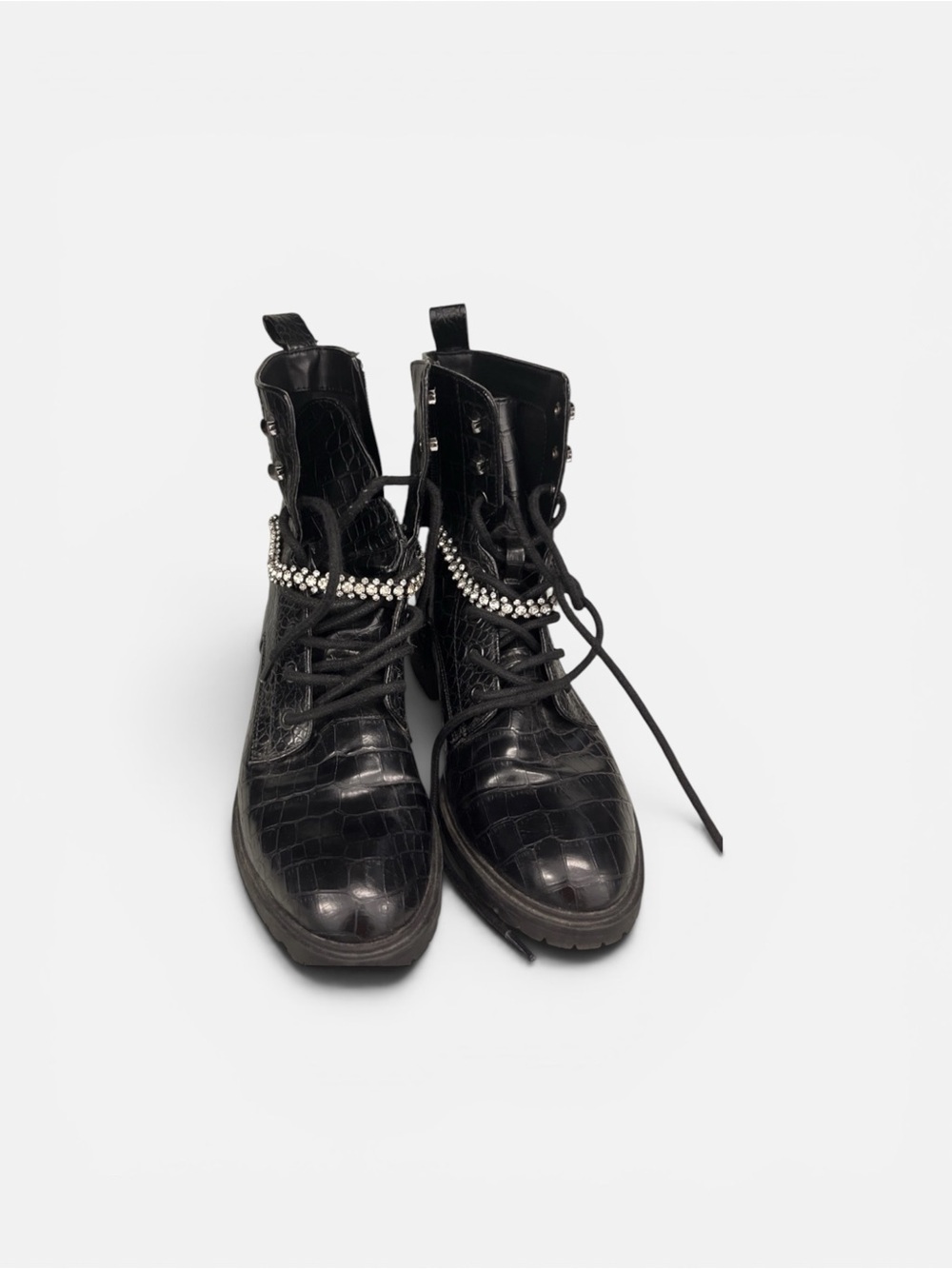 Express Black Croc-Embossed Lace-Up Boots with Rhinestone Strap 9